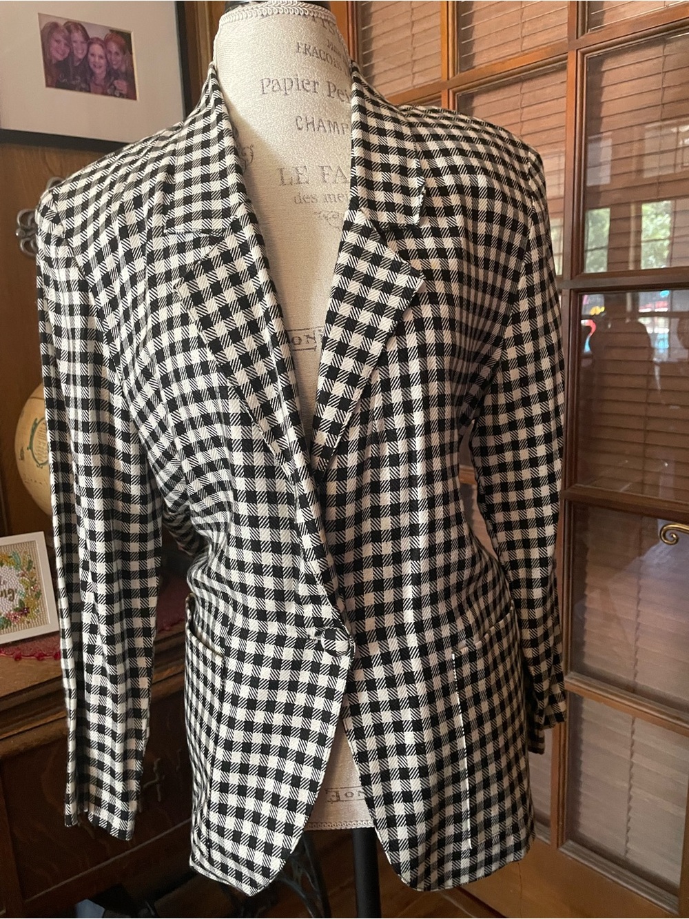 Black & White Gingham Single-Button Tailored Blazer